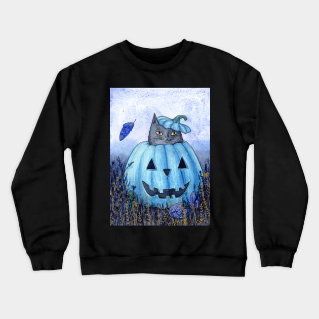 Blue Jack-o-lantern Cat Crewneck Sweatshirt by dragonstarart